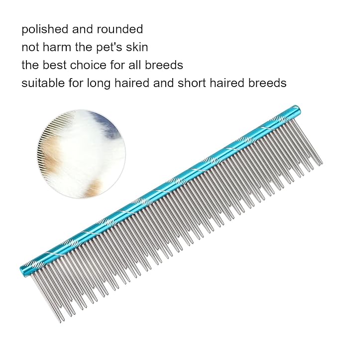 Pet Hair Removal Comb, Stainless Steel Cat Grooming Tool with Dual - Density Teeth, Open Knot Comb for Long and Short Haired Cats, Ergonomic Non - Slip Handle (Blue)