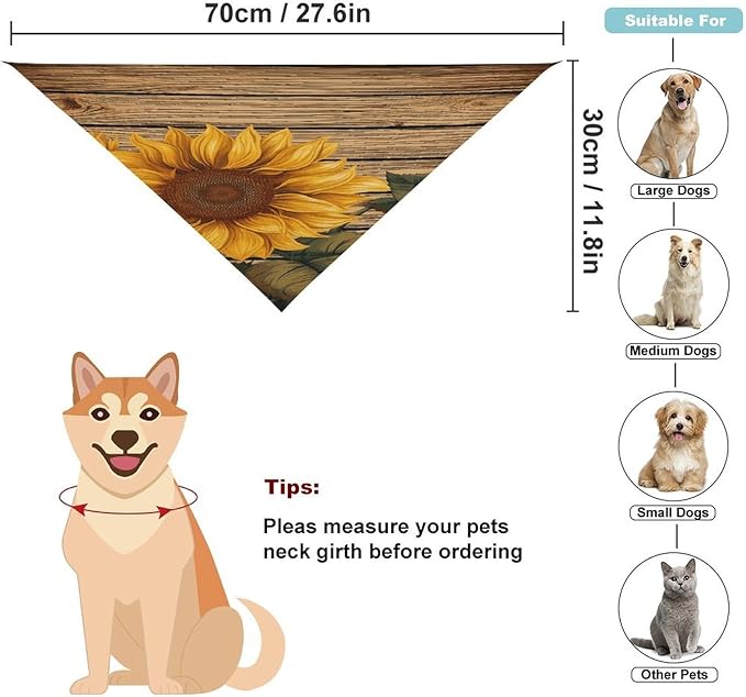 Dog Bandana Spring Pet Scarf Adjustable Triangle Paint Wooden Board Sunflower Printing Dog Bib Washable Polyester Puppy Bandana for Small Medium Large Dogs Cat Birthday Party Supplies