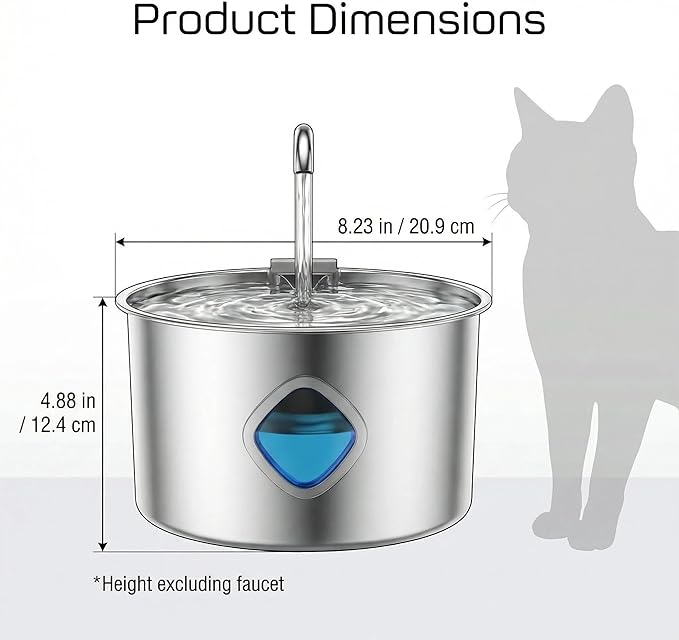 Dog Water Bowl, Triple Filtration System, 3.2L Capacity, Continuous Circulating Water Flow, Quiet Operation Stainless Steel Dog Water Fountain with Visual Water Level for Dogs Cat(8pc filter)