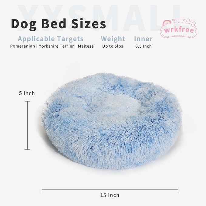 Blue and White Dog Bed Small Washable,Calming Dog Bed for Small Dogs,15 inches Donut Fluffy Pet Beds,Anti Anxiety Round Fits up to 5 lbs Soft Warm Pets Beds for Puppy Dogs Indoor