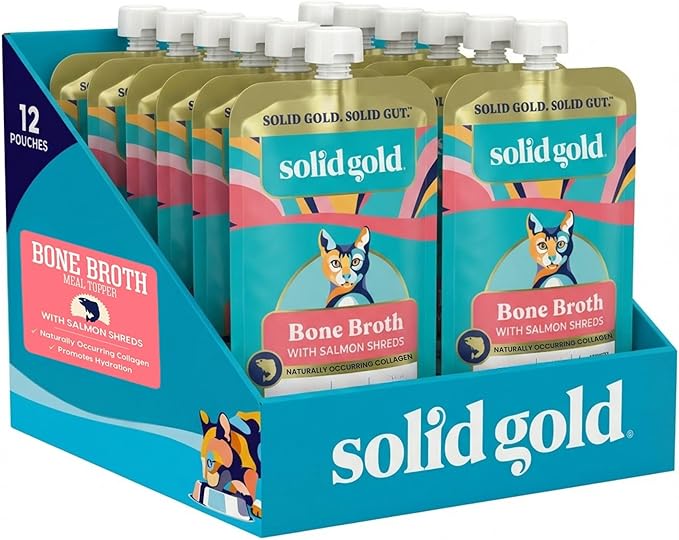 Solid Gold Bone Broth Cat Food Topper - Limited Ingredient Lickable Cat Broth Pouches w/Salmon Protein Shreds & Collagen for Hydration & Gut Support - Easy to Serve Gravy for Cats Meal Topper - 12ct
