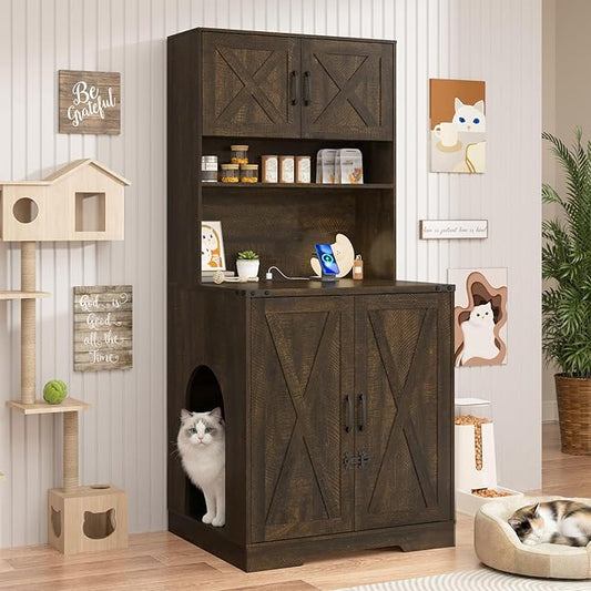71Inches Tall Cat Litter Box Enclosure for Cats W/Power Outlets,Open Shelves.Wooden Pet Washroom Furniture W/Locks,Cabinet.White Indoor Cats House,Hidden Cat Litter Box for Living Room,Bedroom