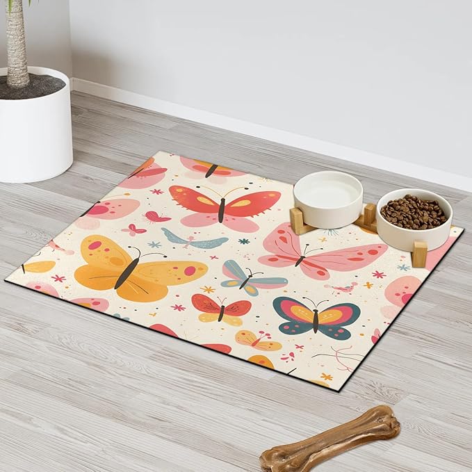 Watercolor Butterfly Dog Food Mat for Floors Absorbent, Quick Dry Water Dispenser Mat for Food, Water, Pet Supplies 12" x 20", Colorful Animal