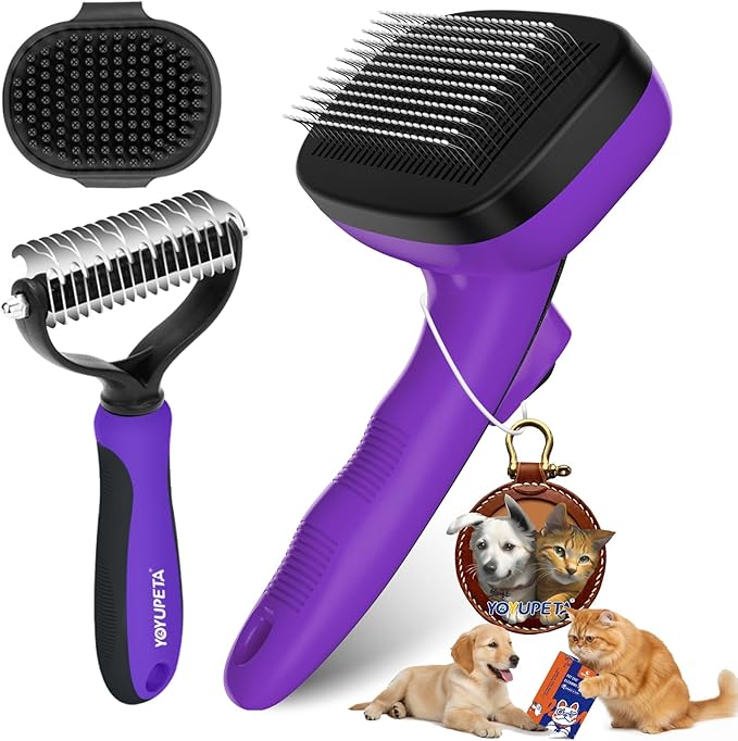 3PC Dog Brush Kit - Self-Cleaning Slicker Brush with Bath Brush & Undercoat Rake | Deshedding Tools for Large - Small Dogs & Cats, Professional Pet Grooming Set for Heavy Shedding, Purple