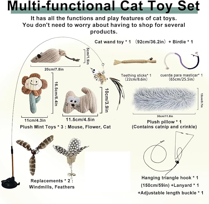 7-in-1 Interactive Cat Toys for Indoor Cats with Adhesive Suction Cup, Hanging Cat Toys, Silvervine Stick and Chew Rope Cat Teething Toys Catnip Toys for Bored Cat & Kitten