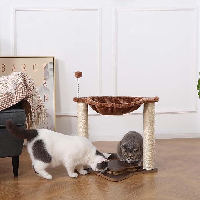 Cat Scratching Post for Indoor Cats, Small Cat Tree Tower with Hammock Wooden Interactive Track Ball,Wooden Interactive Ball Track for Kitten and Adult Cats,18inches