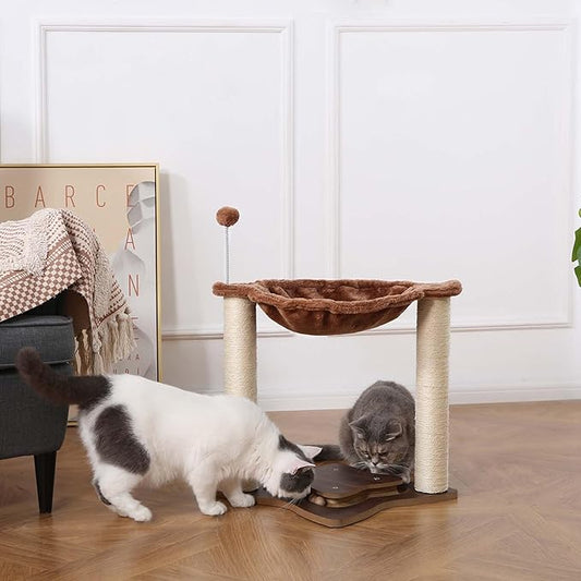Cat Scratching Post for Indoor Cats, Small Cat Tree Tower with Hammock Wooden Interactive Track Ball,Wooden Interactive Ball Track for Kitten and Adult Cats,18inches