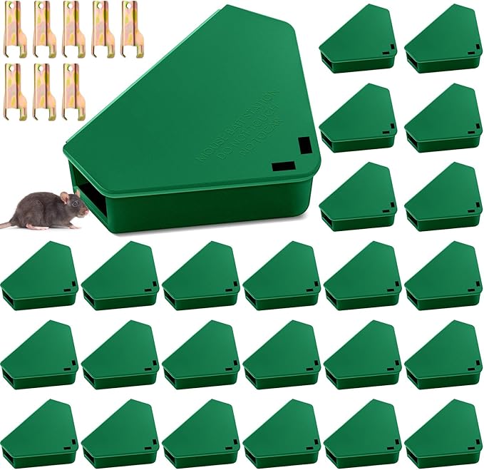Qualirey Mice Station with Key Triangle Mouse Station Reusable Rodent Trap Box, Keeps Children and Pets Safe Indoor & Outdoor Suitable for Small Mice(Green,24 Pcs)
