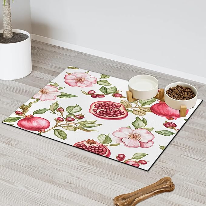 Pomegranate Fruit Dog Food Mat for Floors Absorbent Dog Bowl Mat for Food and Water Dispenser Quick Dry Cat Food Placemat Pet Supplies 16" x 24", Flower Leaves