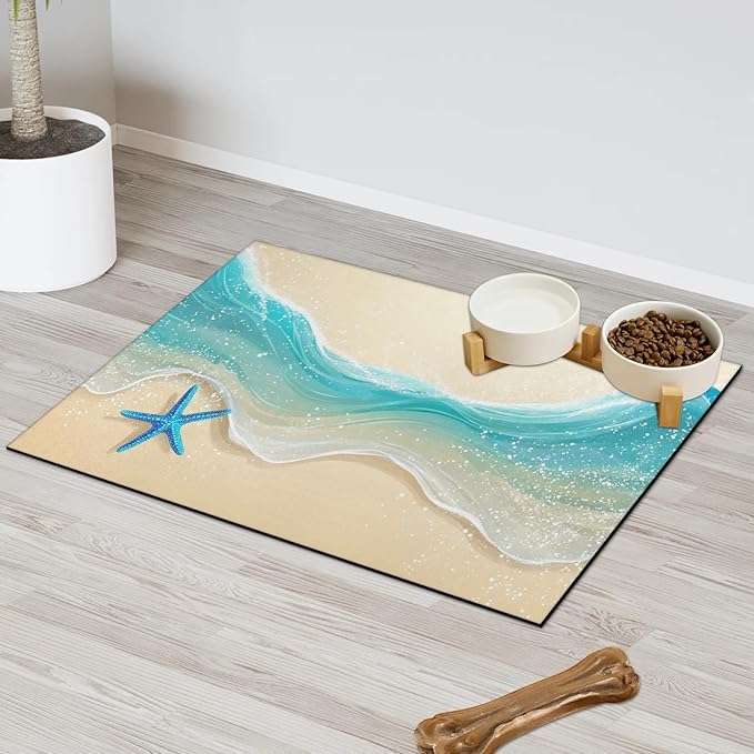 Beach Starfish Dog Food Mat for Floors Absorbent, Quick Dry Water Dispenser Mat for Food, Water, Pet Supplies 24" x 32", Nautical Coastal