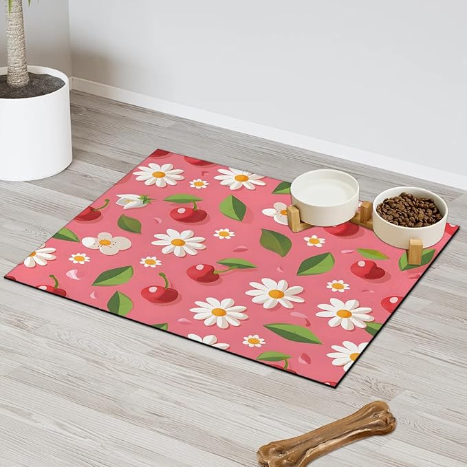 Cute Fruit Dog Food Mat for Floors Absorbent Dog Bowl Mat for Food and Water Dispenser Quick Dry Cat Food Placemat Pet Supplies 16" x 24", Daisy Cherry