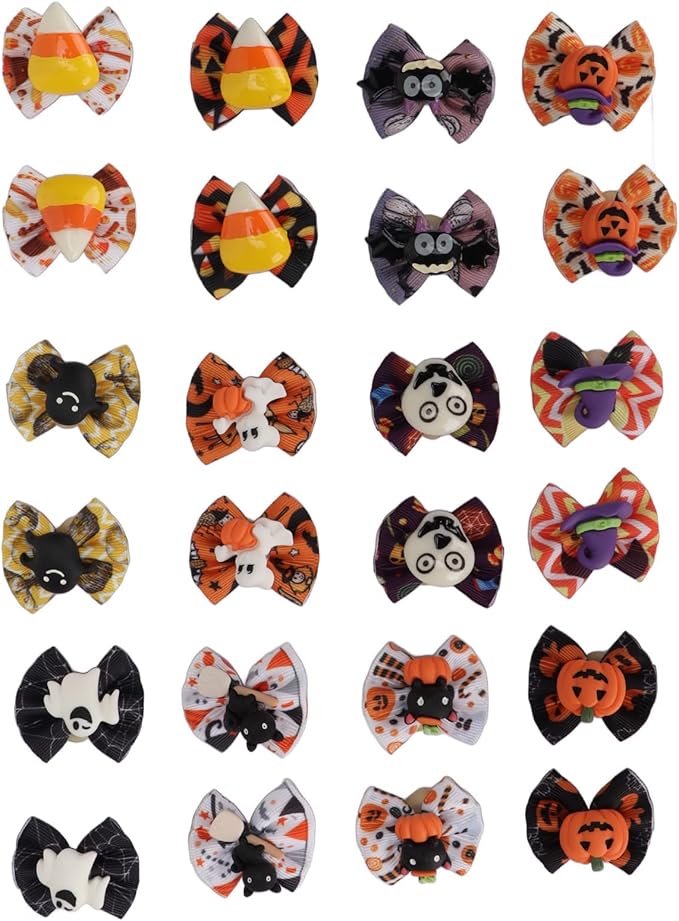 Dog Halloween Stylish Handcrafted Grooming Bows 24Pcs for Pet Cats Dogs, Polyester Material Halloween Patterns Cat Dog Hair Bows for Party Supplies