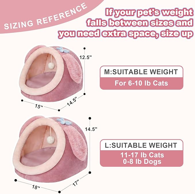 Jiupety Cute Cat Bed for Indoor Cats, Warm Soft Cave Fit for 11-17 lb Cats and 0-8 lb Dogs, Pink Rabbit, L
