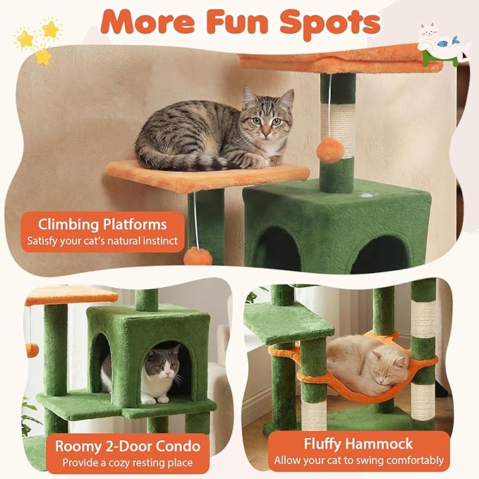 Tangkula Cat Tree Tower, 44 Inch Multi-Level Cat Tower with Sisal Scratching Posts, 2-Door Condo, Padded Top Perch & Hammock, 2 Hanging Balls, Jumping Platforms for Indoor Cats (Green & Orange)