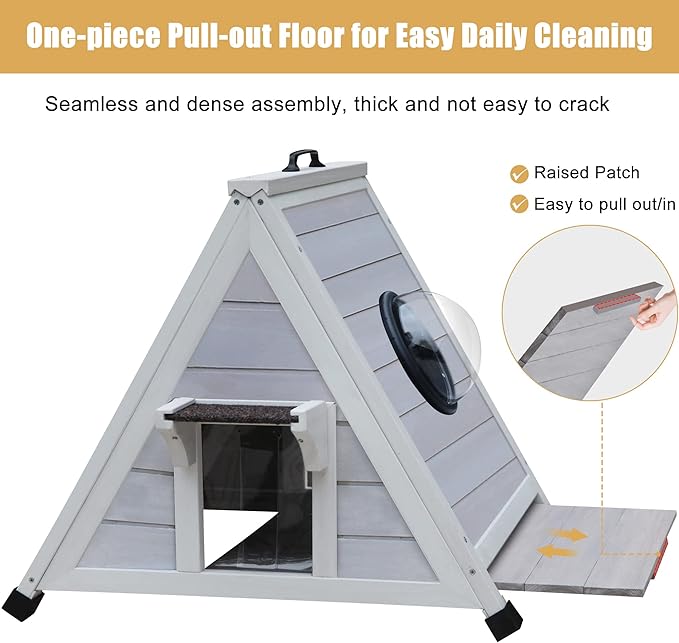 Deblue Outdoor Cat House for Feral Cats, Weatherproof Wooden Cat House for Small Pets, Unique Cat Shelter with Escape Door, Clear Window-Grey
