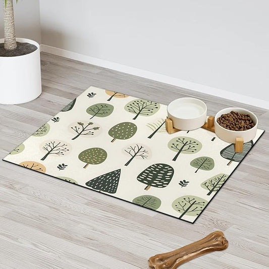 Cute Tree Dog Food Mat for Floors Absorbent, Quick Dry Water Dispenser Mat for Food, Water, Pet Supplies 24" x 32", Green Plant