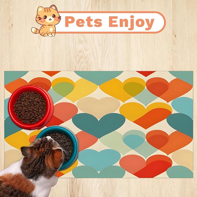 Love Dog Food Mat for Floors Absorbent, Quick Dry Water Dispenser Mat for Food, Water, Pet Supplies 17" x 30", Colorful Heart