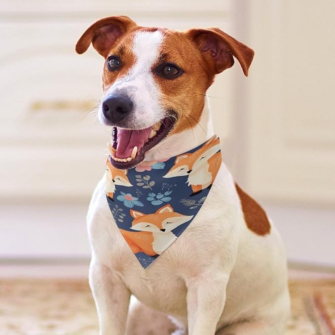 Dog Bandana Spring Pet Scarf Adjustable Triangle Cute Animal Fox Flower Printing Dog Bib Washable Polyester Puppy Bandana for Small Medium Large Dogs Cat Birthday Party Supplies