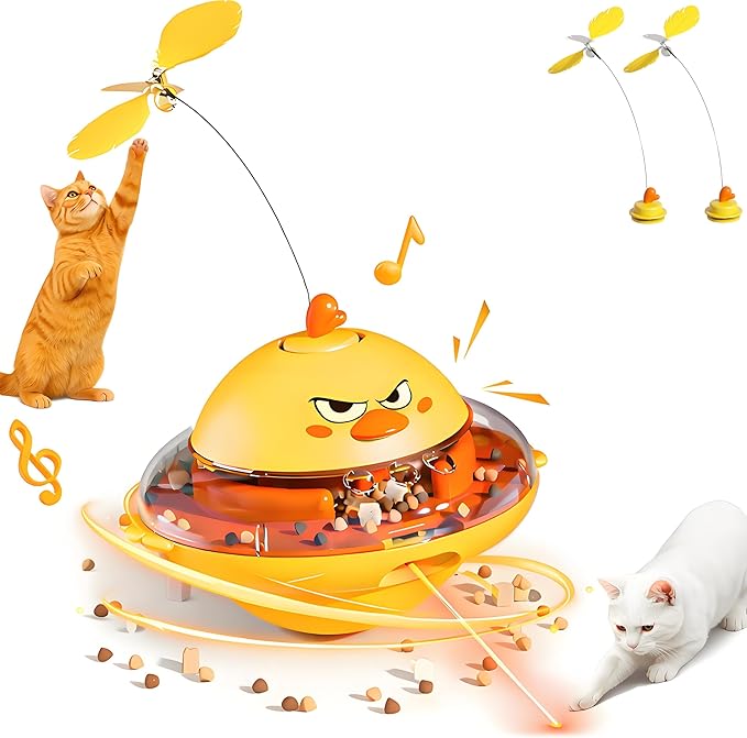 hooroor 4-in-1 Interactive Cat Toy for Indoor Cats: Automatic Laser Pointer, Feather Teaser, Treat Dispenser & Bird Chirp - USB-C Rechargeable Self-Balancing Toy to Relief Boredom & Anxiety