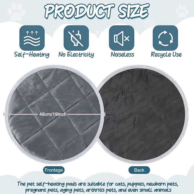 2 Pcs Self Warming Cat Mat Round Self Heating Pad Bed Reversible Machine Washable Heated Bed Anti Slip Warming Pad Pet Mat for Cat Crate Indoor Outdoor(Gray,19 Inch)