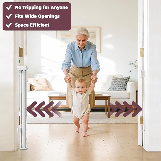 Retractable Baby Gates for Doorways, 58" Extra Wide Mesh Child Dog Gate for Stairs, 34" Tall Toddler Pet Gate Indoor and Outdoor, Easy Install, Essential for Home Safety, White