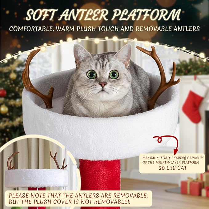 Outvita 48.5in Christmas Themed Plush Cat Tree, Multi-Level Cat Tower with Cat Condos, Top Perch, Sisal Ramp Scratching Board, Large Cat Pet Activity Center for Indoor Cats
