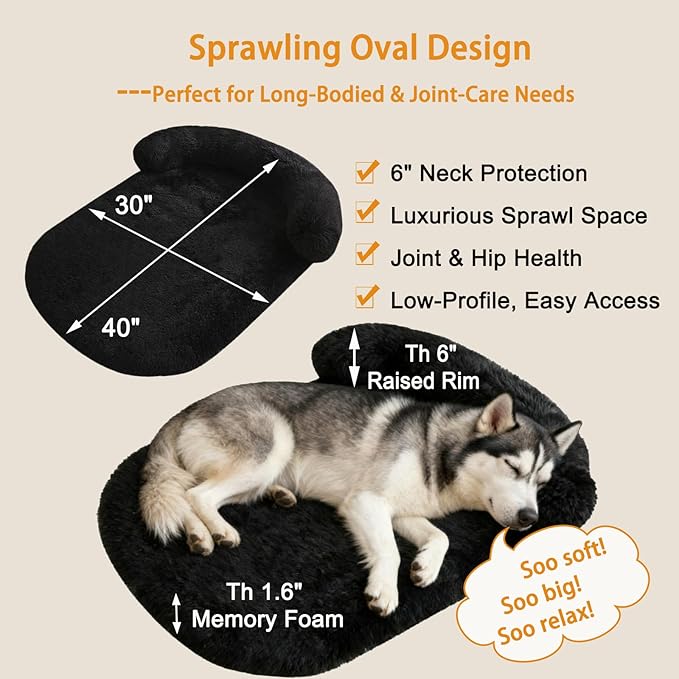 Calming Dog Beds for Medium Large Dogs, Orthopedic Cushion Plush Large Pet Bed Lounge with Washable Cover, Anti-Anxiety Soft Fluffy Faux Fur Fits up to 60 lbs Pets (Oval, Black 40"x30")
