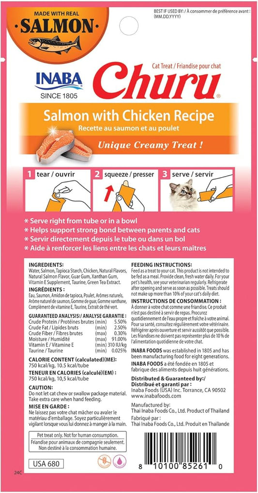 INABA Salmon Churu Cat Treats, Lickable, Squeezable Creamy Purée Cat Treat with Green Tea Extract & Taurine, 0.5 Ounces Each Tube, 24 Tubes (4 per Pack), Salmon with Chicken Recipe