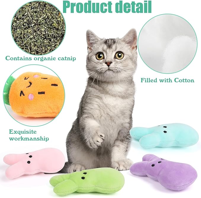 FOIMAS Easter Catnip Toys,6pcs Bunny Carrot Cat Teething Chew Toys for Pet Easter Presents Relieve Stress Cat Lovers Gifts Kitty Toys Cats Teething Chew Toy