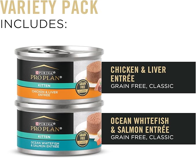 Purina Pro Plan Grain Free Chicken and Liver and Ocean Whitefish and Salmon 24 ct Kitten Wet Food Variety Pack - (24) 3 oz. Cans