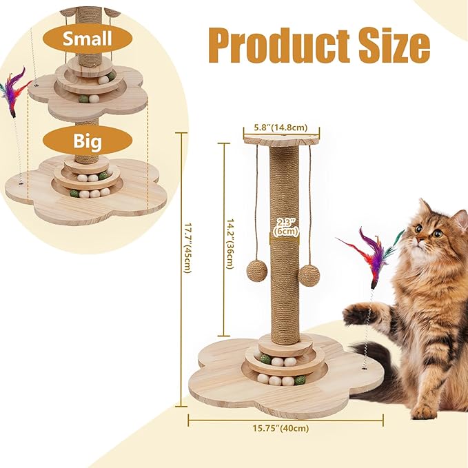 4 inch Wider Design for Large Cats Providing Greater Stability,4-in-1 Wooden Cat Scratcher Toy,Scratching Post&2-Level Track Tower with 8 Balls&2 Sisal Ball&2 Cat Wand Toy(15.8" L x 15.8" W x 19" H)