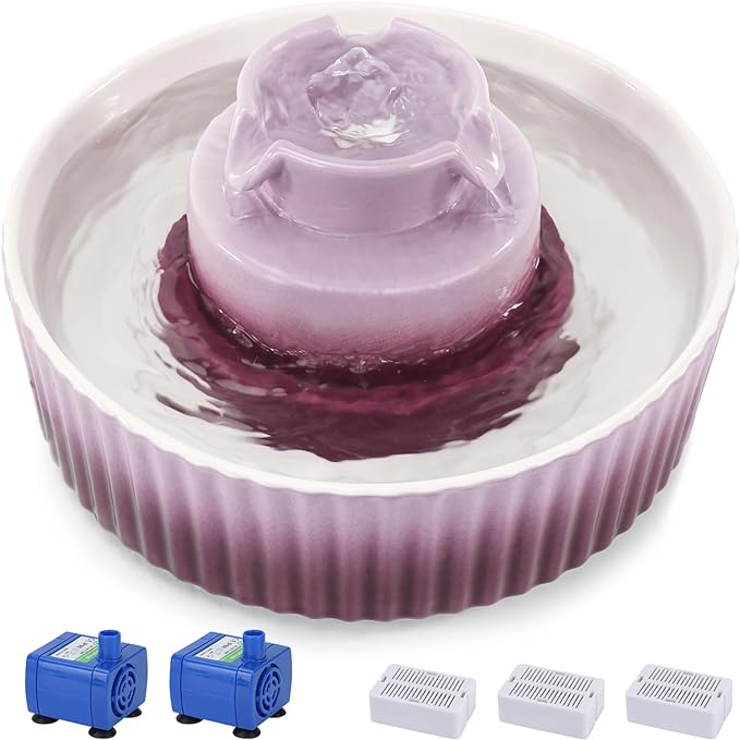 Ceramic Cat Water Fountain, 2.1L/71oz Cat Fountain with 3 Carbon Filters and 2 Water Pumps, Cupcake Pet Water Fountain for Cats and Dogs (Purple)