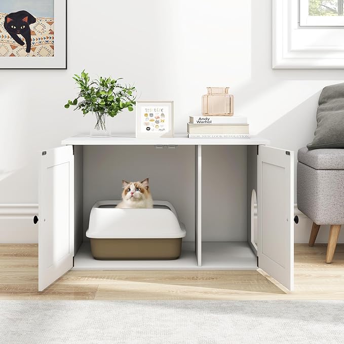 Tangkula Cat Litter Box Enclosure, Hidden Cat Washroom Cabinet with Double Doors, Divider, Side Entry, Indoor Wooden Cat House End Table, Enclosed Litter Box Furniture (White)