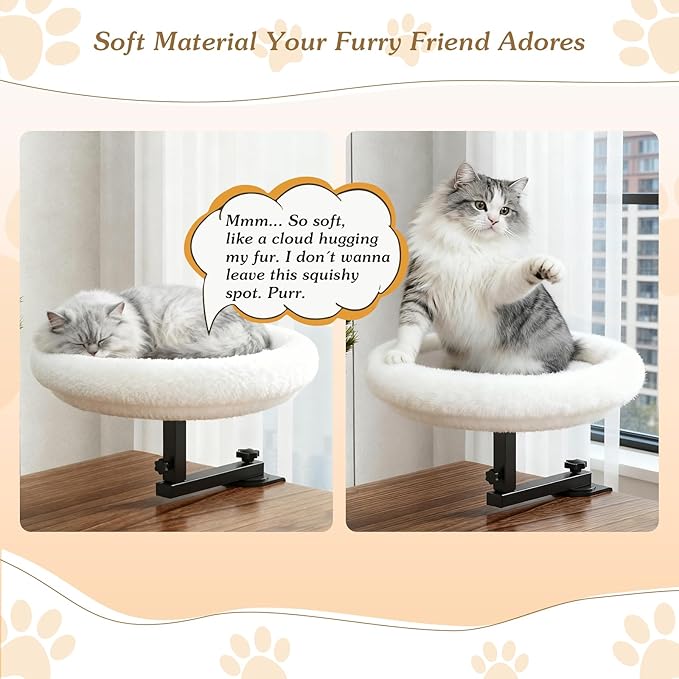 VERIFOST Adjustable Cat Desk Bed, 360° Rotatable Elevated Desk Cat Bed for Home Office, Space-Saving Design Table Supports Up to 60 lbs, Soft Faux Fur Bed with Removable Washable Cover (Beige)