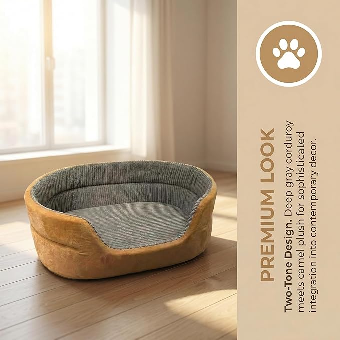 Small Dog Bed Cat Bed 16x20 Inch, Calming Pet Bed for Puppies, Teacup Dogs & Kittens, Half-Enclosed Open-Top Velvet Anti-Anxiety Bed, Machine Washable Cozy Snuggle Bed (Camel)