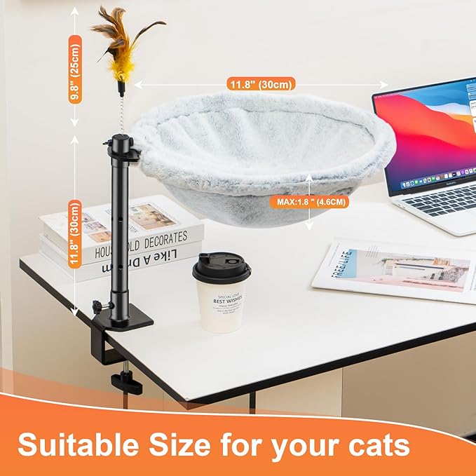 Uross Cat Desk Bed - Adjustable Height & 360 Rotation Cat Desk Perch Mount for Office and Game Tables, Attachment Desktop Bed with 2 Washable Covers, Soft Rabbit Fur& Breathable Mesh -Grey