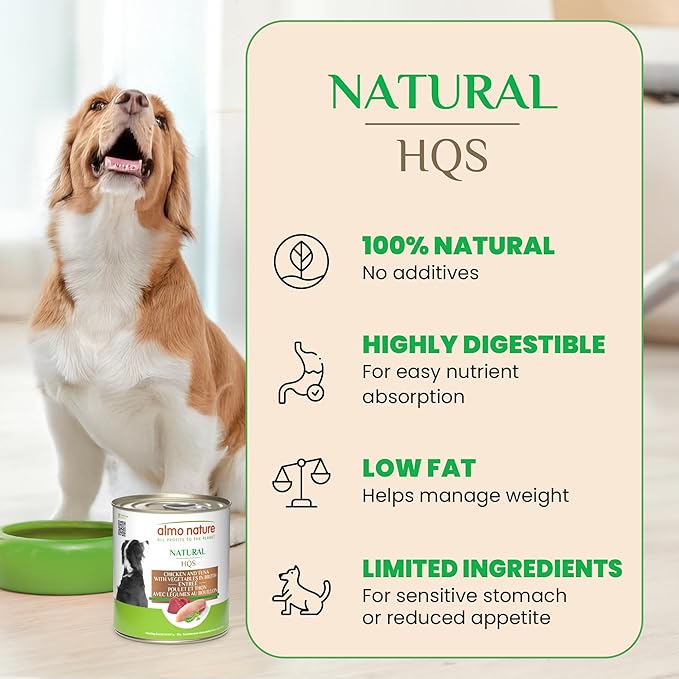 almo nature HQS Natural Chicken and Tuna Entree with Vegetables in Broth, Gluten Free, Additive Free, Adult Dog Canned Wet Food, Shredded 12 x 280g/9.87 oz