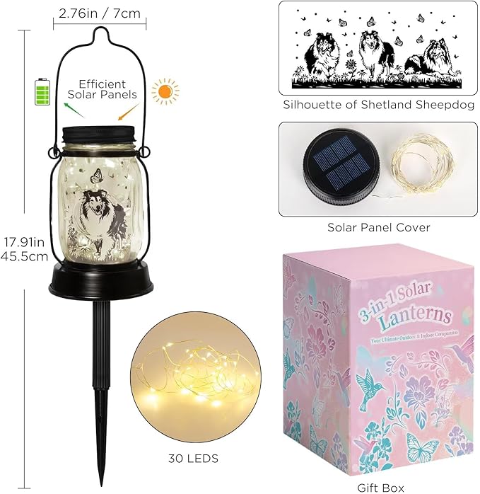 kyoryuger Sheltie Gifts for Women/Men Sheltie Solar Lanterns Dog Mom Birthday Dog Lovers Lantern Pet Loss Pet Memorial Lights Solar Garden Decoration for Yard, Patio,Backyard,Porch Torches