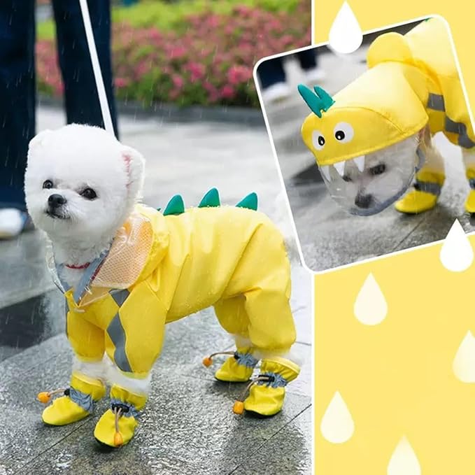 Waterproof Dog Raincoat,Full Coverage 4 Legs Dog Rain Jacket for Small Dogs,Pet Rain Coat with Hood,Reflective Strips&Leash Hole Outdoor Raincoat (Small（for Weight 3.3-5 lb）, Yellow Dinosaur)