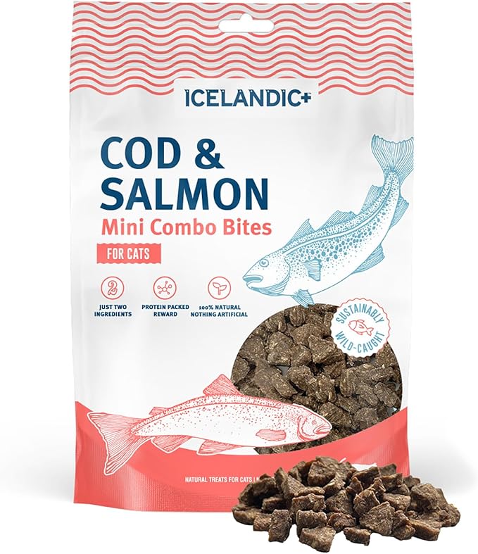 Icelandic+ Mini Combo Bites: Cod & Salmon - 1.7oz Bag - Cat Treats, .25" Crunchy Bites, 2 Ingredient Natural Pet Snacks, No Fillers, Wild-Caught Fish