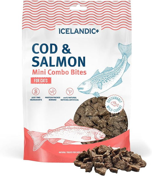 Icelandic+ Mini Combo Bites: Cod & Salmon - 1.7oz Bag - Cat Treats, .25" Crunchy Bites, 2 Ingredient Natural Pet Snacks, No Fillers, Wild-Caught Fish