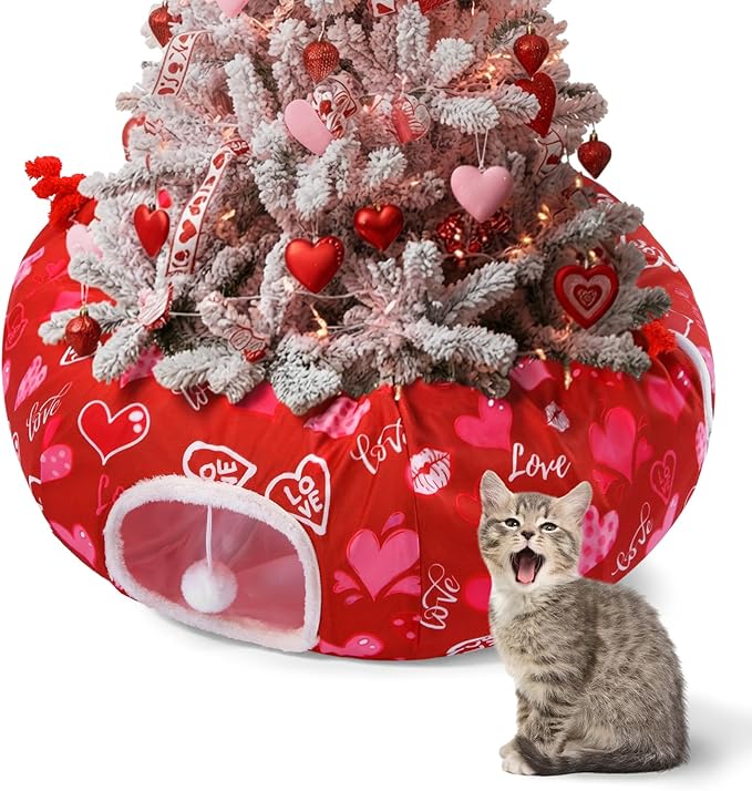 Valentines Day Cat Beds for Indoor Cute Red Love Heart Valentine Cat House Donut Tunnel Toys with Washable Circle Cushion, Round Pet Peekaboo Cave Toy for Kitten/Puppy/Rabbit