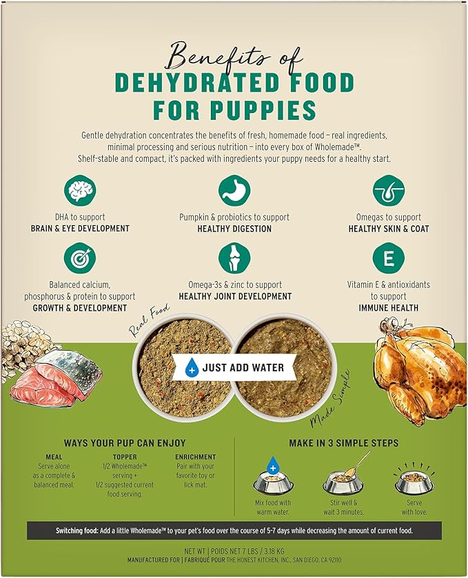 The Honest Kitchen Human Grade Wholemade Whole Grain Chicken & Salmon Dehydrated Puppy Dog Food, 7lb Bag (Makes 28lbs)