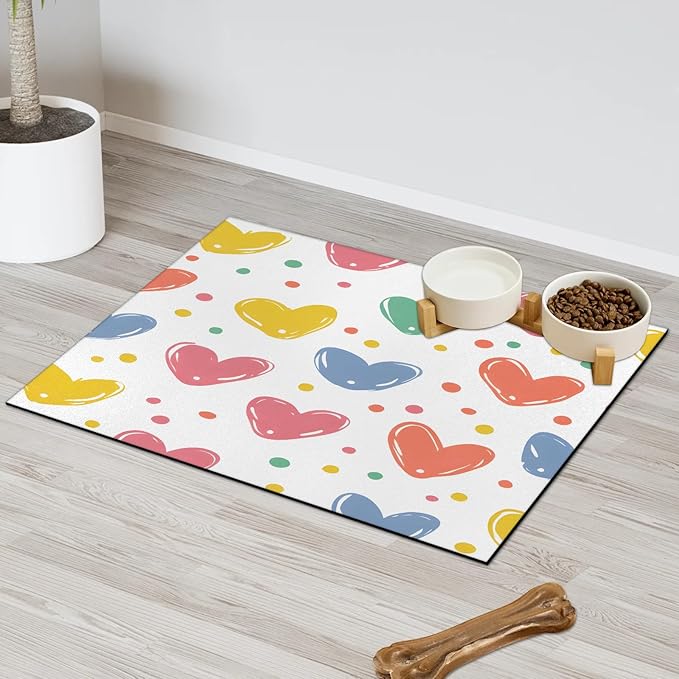 Love Heart Dog Food Mat for Floors Absorbent, Quick Dry Water Dispenser Mat for Food, Water, Pet Supplies 12" x 20", Colorful Polka Dots