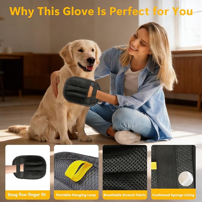 Upgraded Five-Finger Electrostatic Pet Hair Gloves, Pet Hair Removal Gloves for Cats and Dogs, Reusable Quick Cleaning Tool for Couch, Carpet, Car Seat, Laundry & Clothing