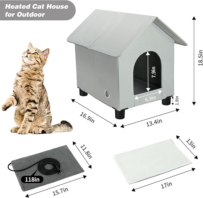BWOGUE Elevated Heated Cat House for Outdoor Cats in Winter, Waterproof & Insulated Feral Cat Shelter for Outside Cats,Weatherproof Feral Cat House for Outside (Grey, S)