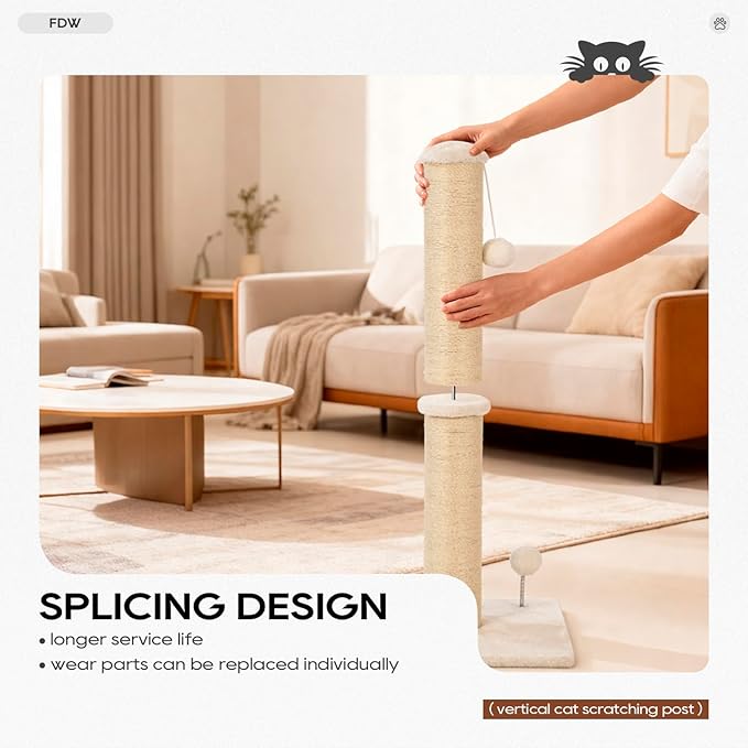 FDW 33 Inch Cat Scratching Post Cat Scratcher Natural Sisal Rope Scratch Post Trees with Hanging Ball for Indoor Cats and Adults,Beige
