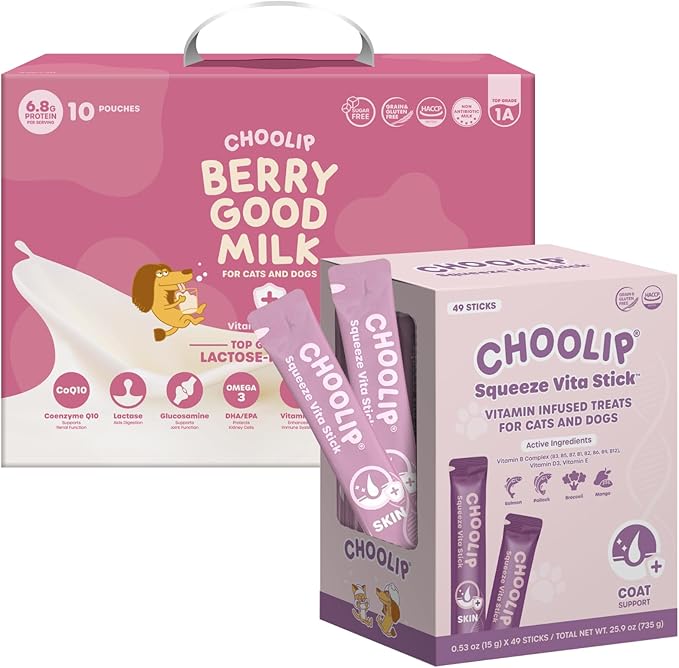 Choolip Bundle | Berry Good Milk 10pk Vitamin-Infused + 49pc Coat Support Squeeze Vita Sticks with Essential multivitamins [Both Products are for Cats & Dogs of All Life Stages]