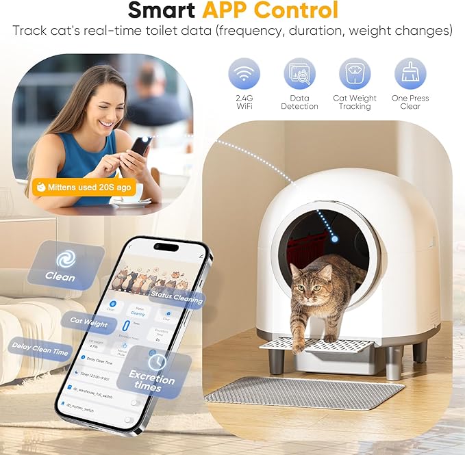 Self Cleaing Litter Box for Multiple Cats, 88L Large Smart Automatic Cat Litter Box with App Control, Health Monitoring, Integrated Safety Sensors, Odor Removal, Mat, Liners (White)