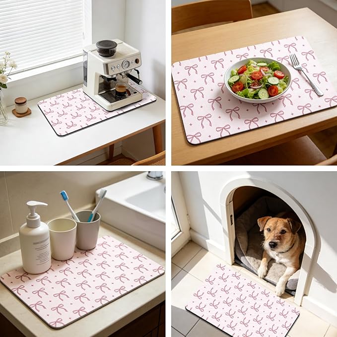 GLOBLELAND Pink Bow Pet Food Mat for Floors 11.8×20 inch Dogs Food Mats Absorbent Dog Bowl Mat Quick Dry Dog Cat Pet Placemats Pets Supplies for Water Dispenser
